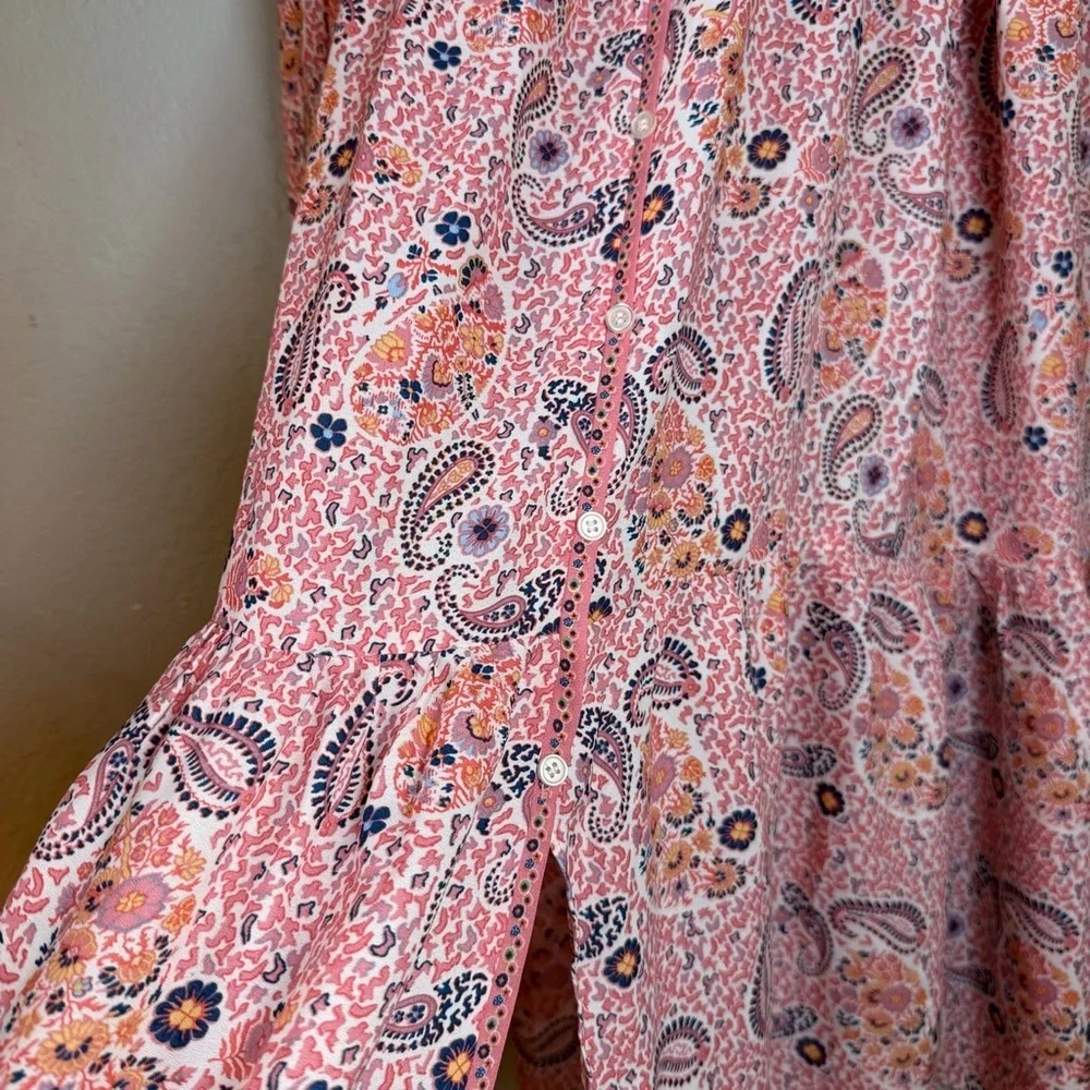 Max Studio Floral Pink Blue Paisley Button Front Detail Tiered Boho Maxi Skirt L